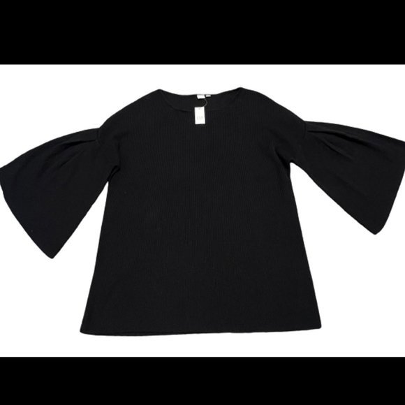 Gap silk blend Women's Pullover Crew Neck Rib Knit Top Bell Sleeve L Black NWT - Picture 1 of 7